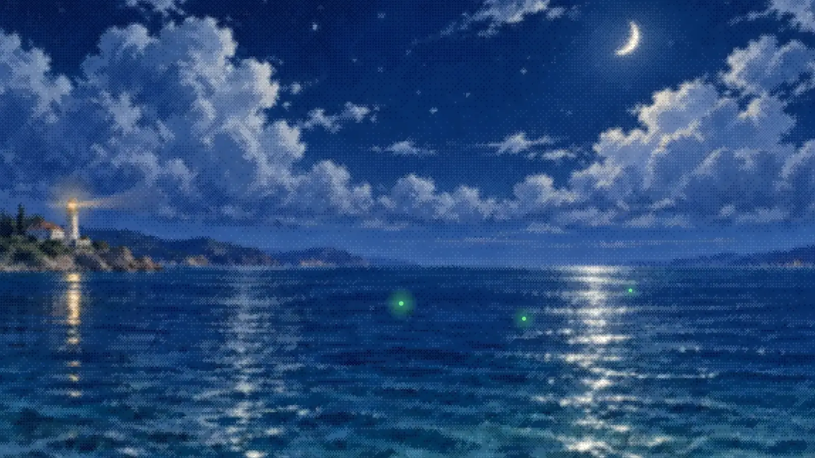 The harbour at night: the lighthouse turning, and a green light on the water for each box still working.