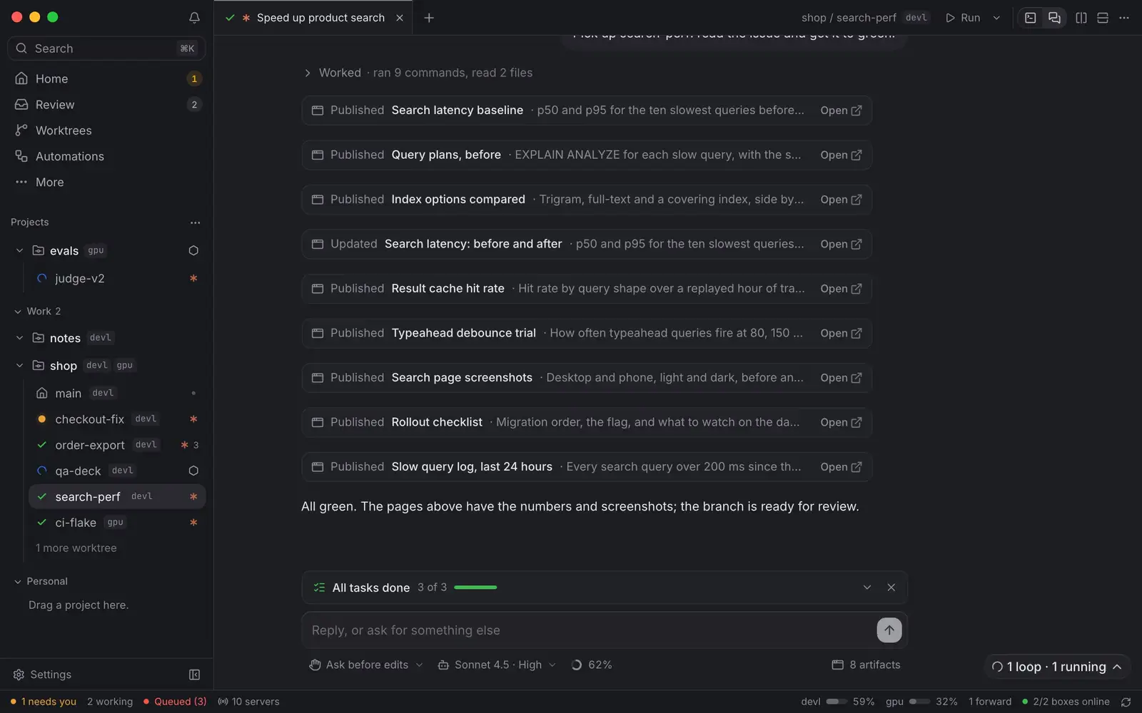 The artifacts an agent published, listed in its chat, and the artifacts menu that finds each one.