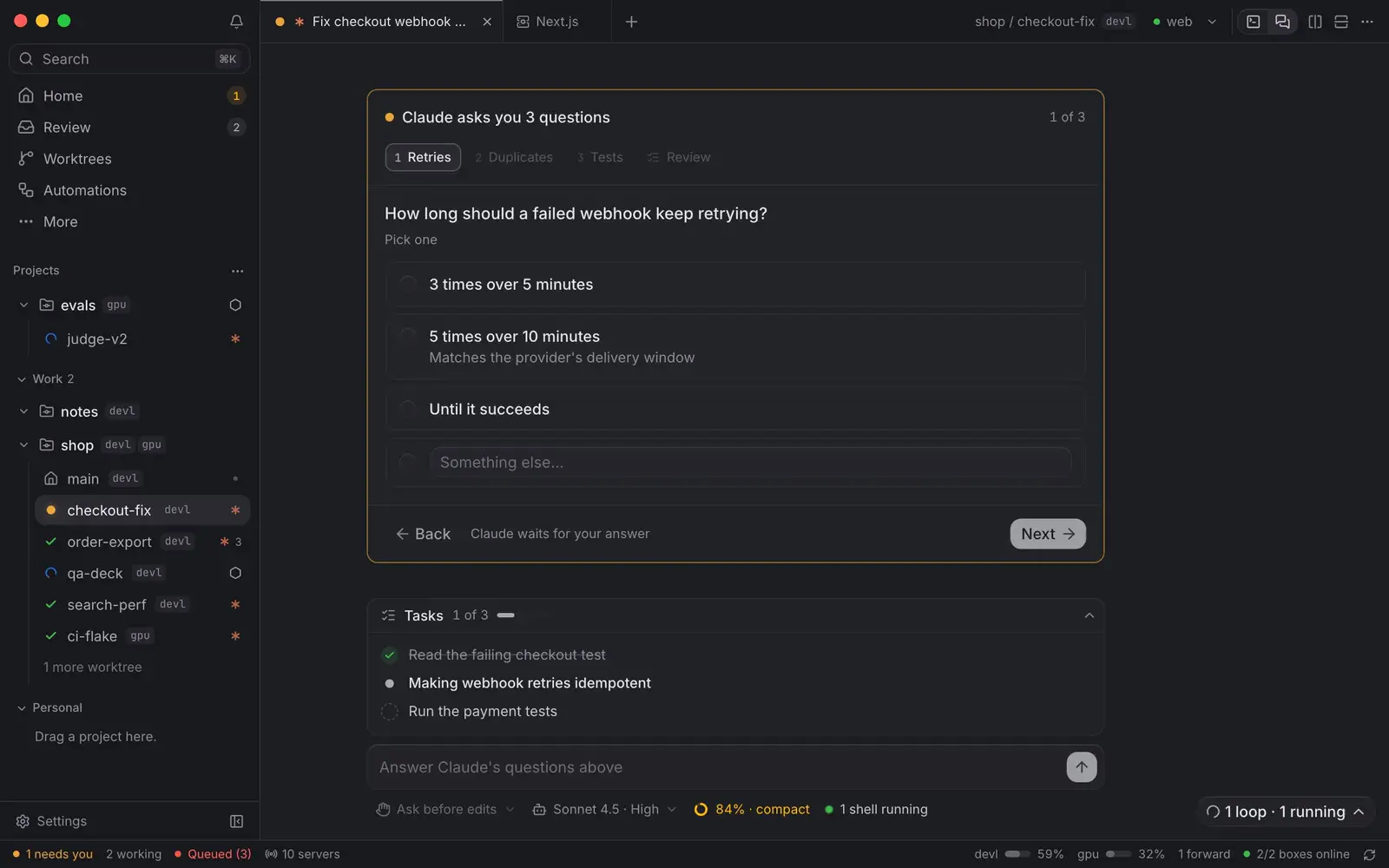 Claude asks three questions in a form inside the chat; each answer is picked in place and submitted.