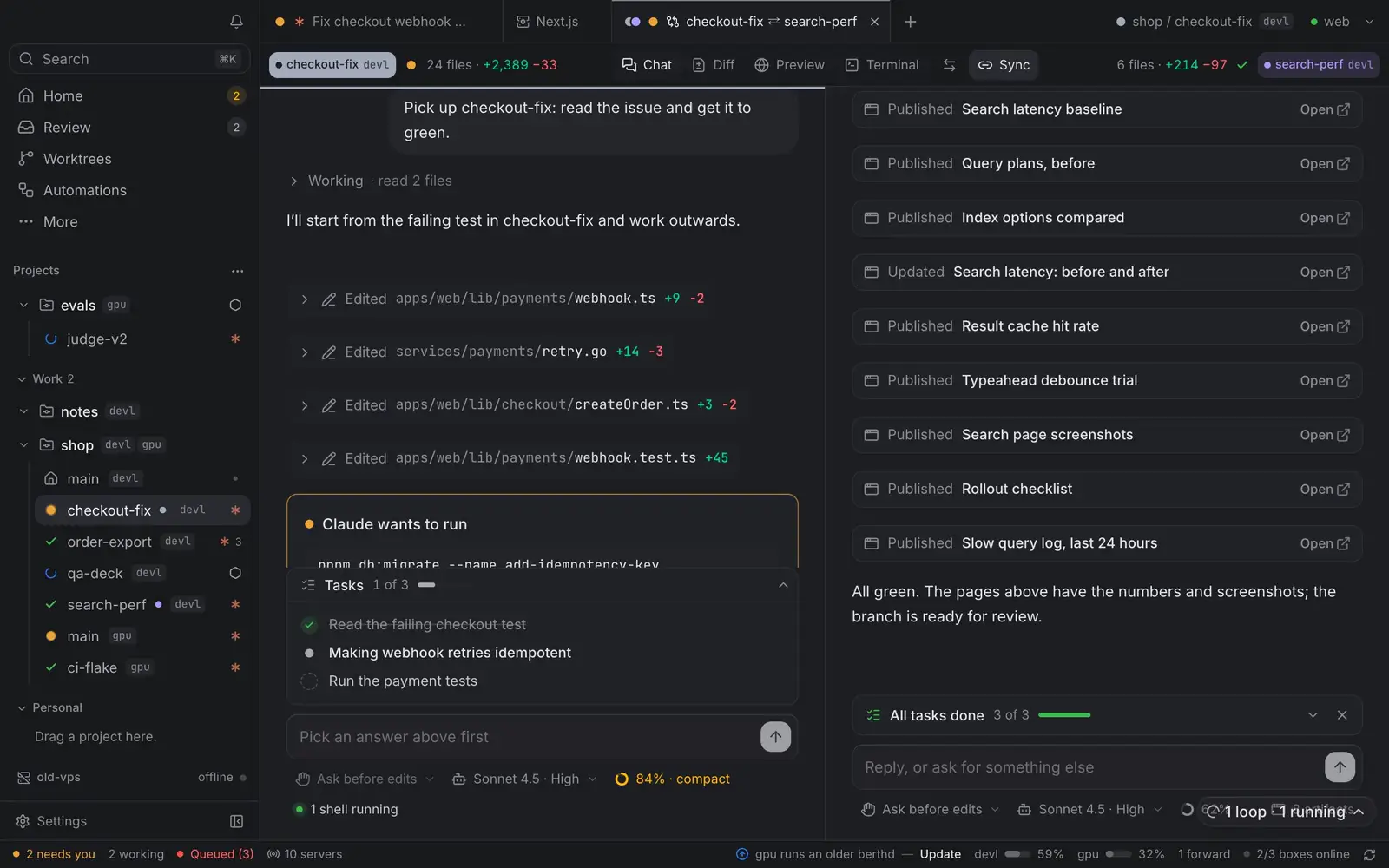 A Compare tab: checkout-fix and search-perf side by side in mirrored lanes, their chats, then their branches' diffs, then their agents' terminals.