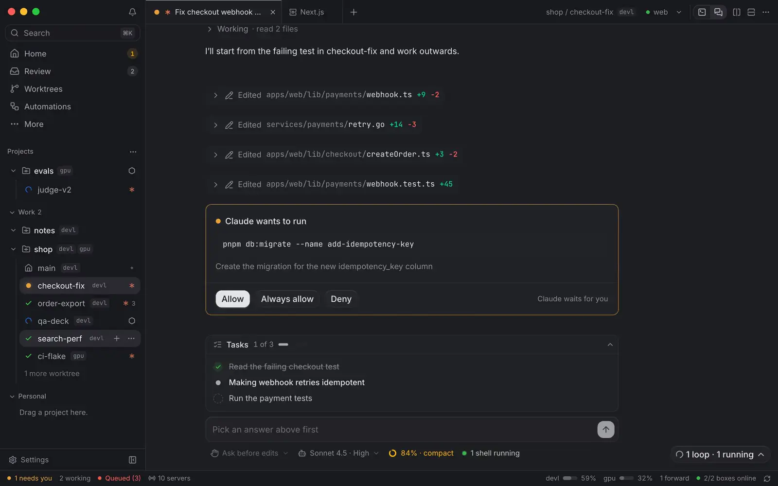 Two worktrees' tabs grouped in one strip, then split side by side: search-perf's artifacts on the left, checkout-fix asking to run a command on the right.