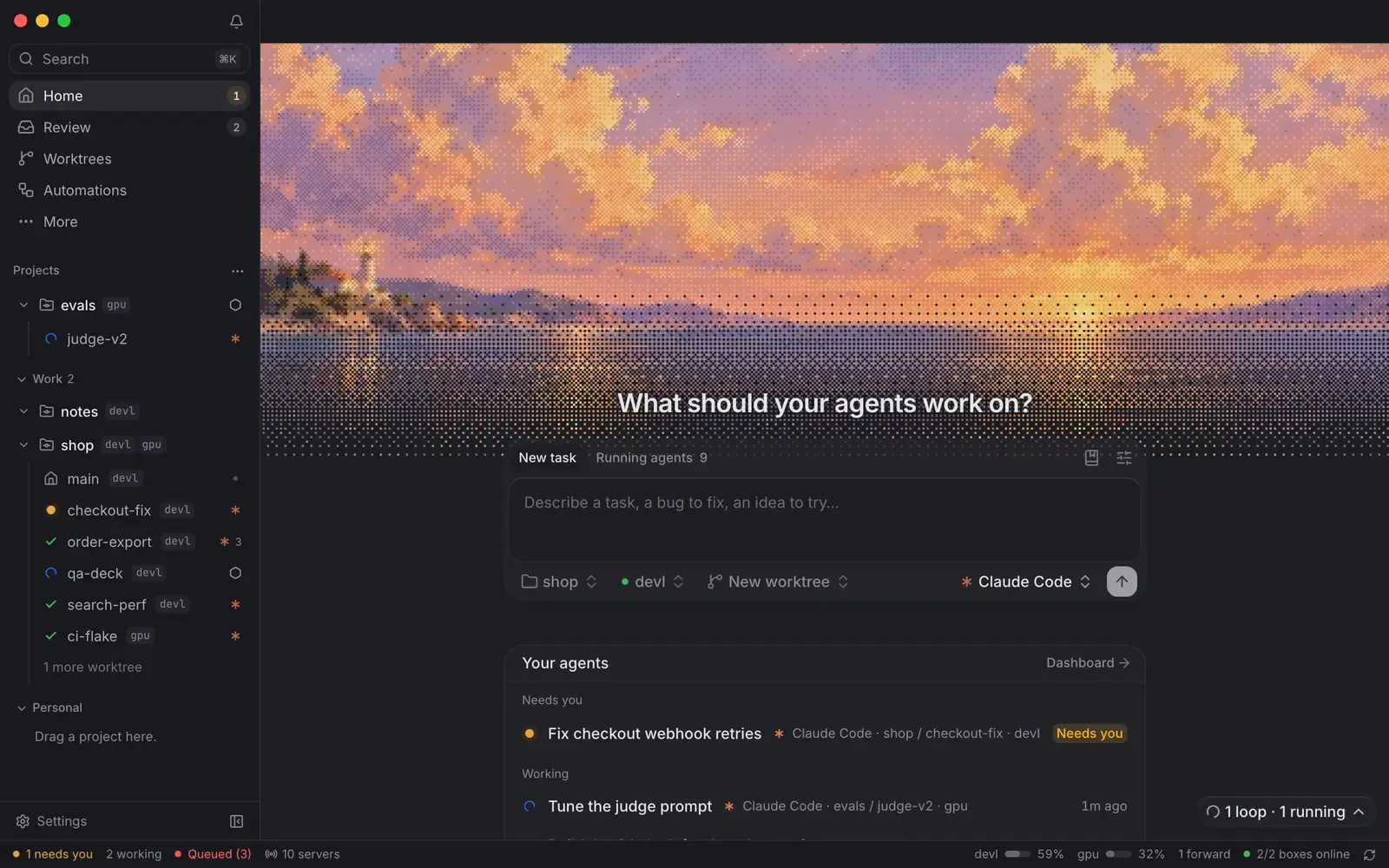 Berth's New task dialog over the harbour home: a one-line task, the project, the box and Claude Code chosen, and the agent's workspace opening.
