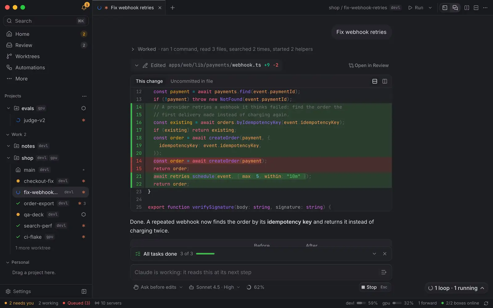 An agent's chat: a live step line while it runs the payment tests, then the edit to webhook.ts as a diff.